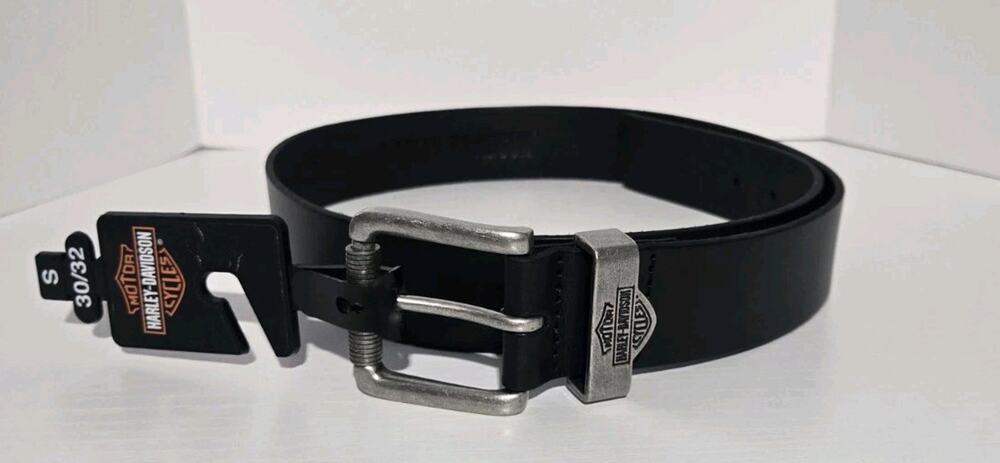 Harley-Davidson Mens Black leatherBelt 1.5in Silver Metal Buckle Logo